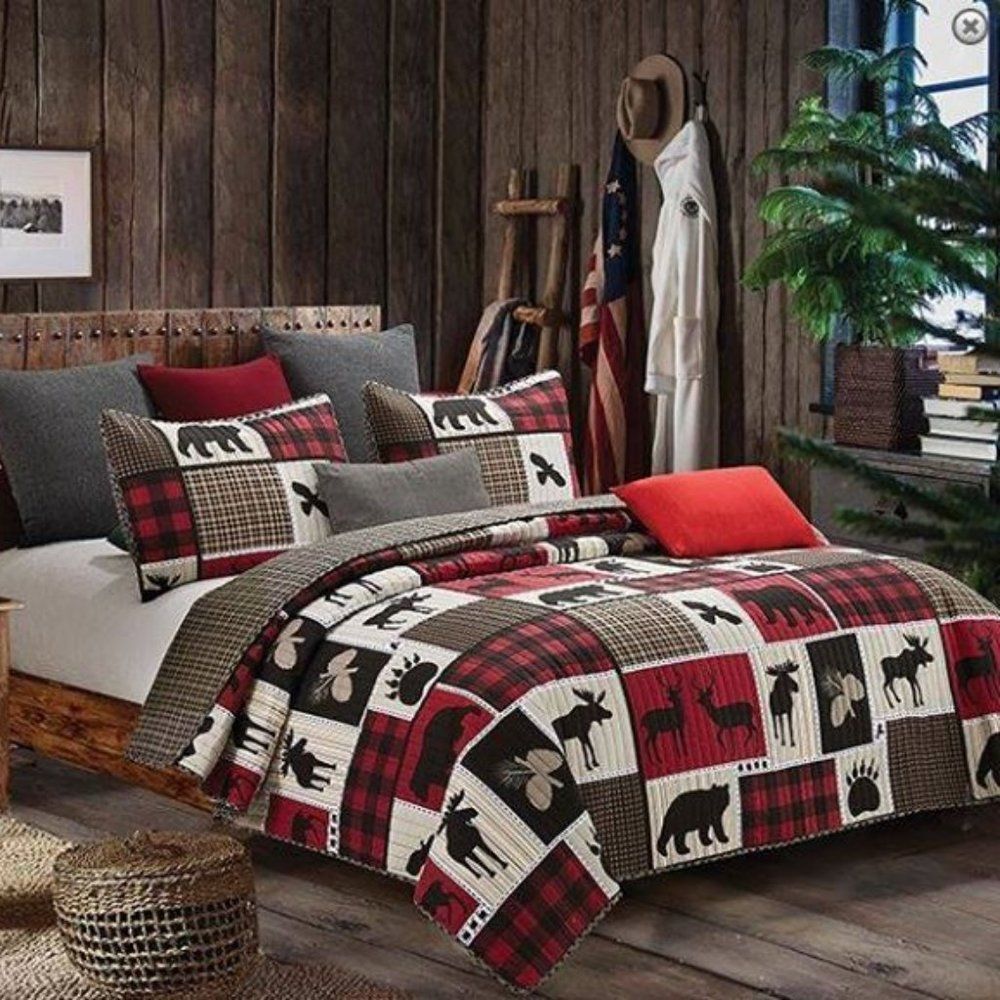 Country Lodge Theme Queen Size Printed Quilt Set